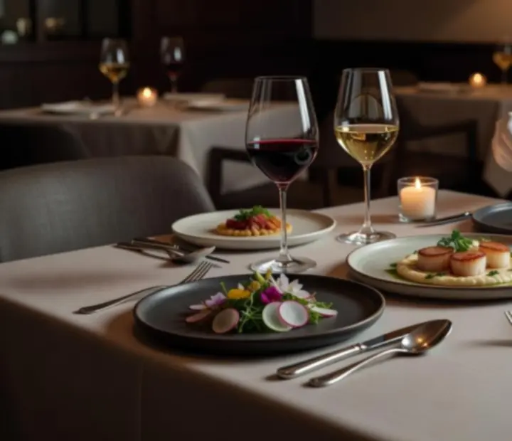 Séf által tálalt többfogásos degusztációs menü fine dining tálalásban