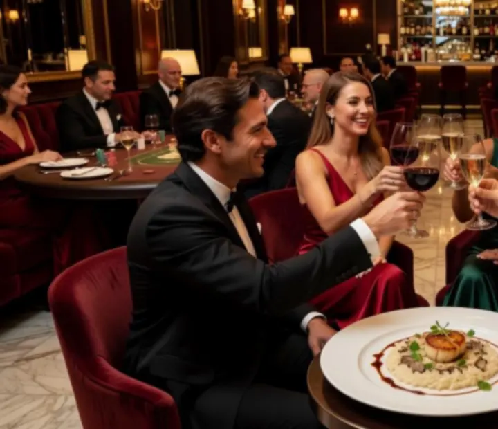 Cinematic hangulatú rendezvénykép: gourmet fogások, elegáns vendégek és stílusos poker asztal